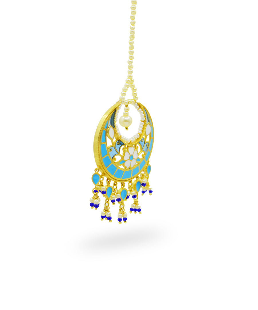 Feroza Blue Pearl Mang Tika (Forehead Ornament)