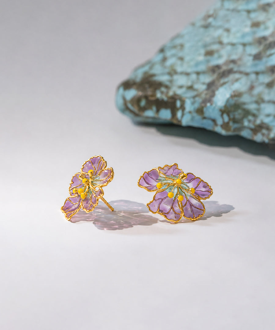 Bloom Stud Earrings - Purple Meenakari - Gold Plated