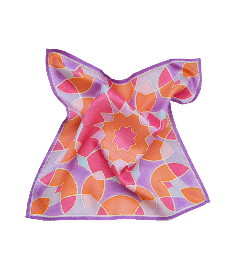 Hand-painted pure silk pocket square featuring elegant artistic patterns.