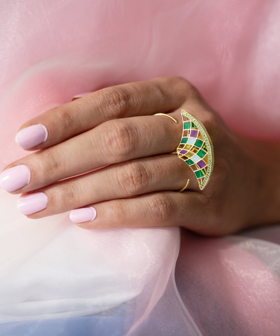 Ruya Silver Gold-Plated Green Zircon Adjustable Ring