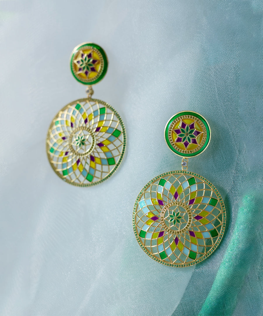 Ruya Gold-Plated Green Zircon Meenakari Long Earrings