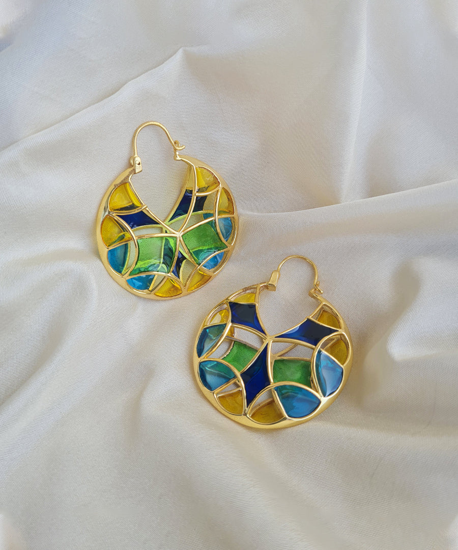 Rama Green Kaleidoscope Varichrome Hoop Earrings — Gold Finish