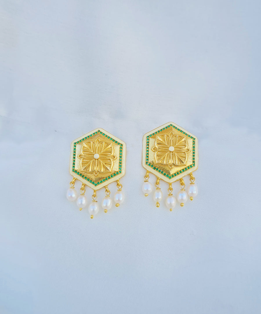Golden Green Zircon Magnolia Bead Stud Earrings