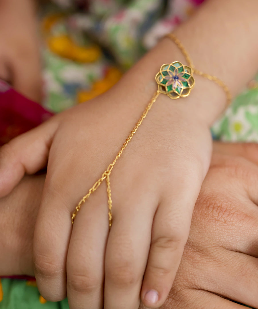 Gul 925 Silver Charm Haathphool - Green Meenakari - Gold Plated