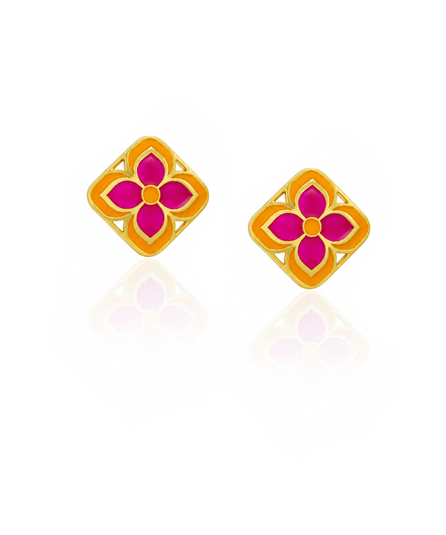 Padma Chameli Stud Earrings - Pink & Orange Meenakari