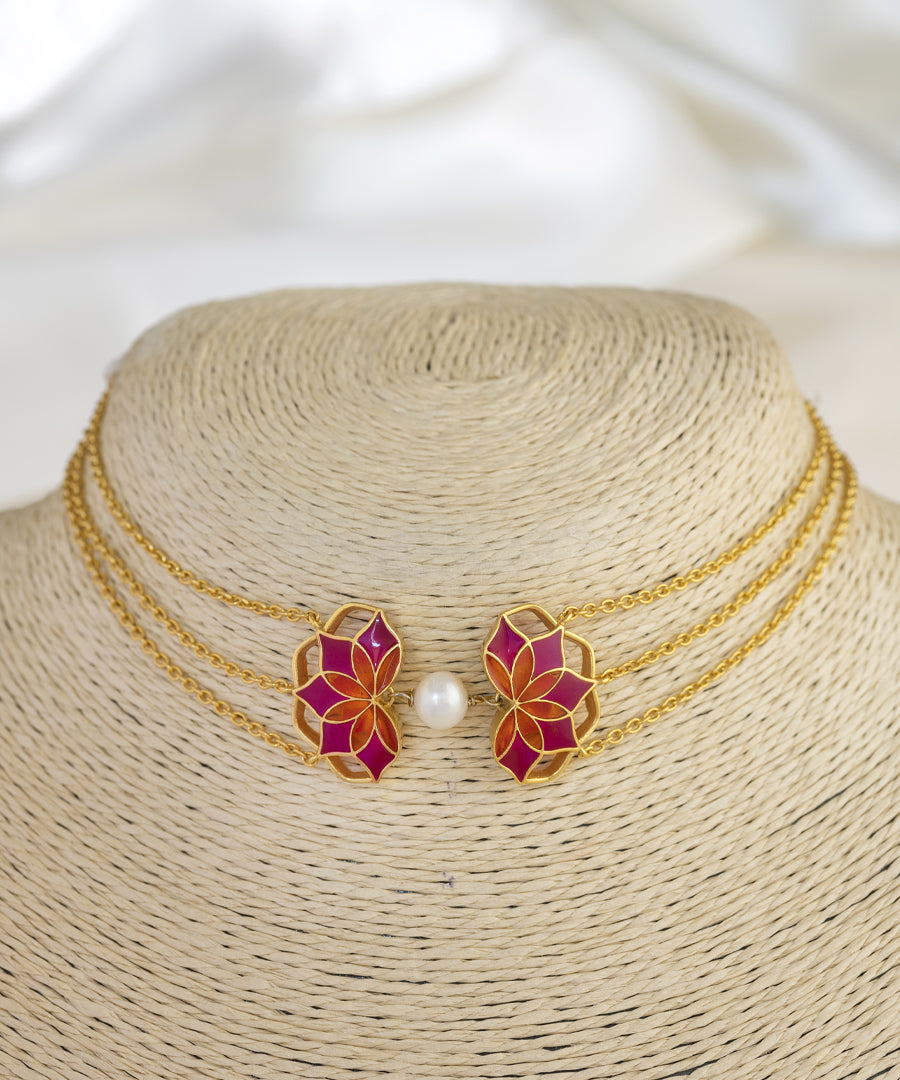 Gul Choker Necklace with Pearl- Rani Pink and Orange Enamel - Adjustable Chain