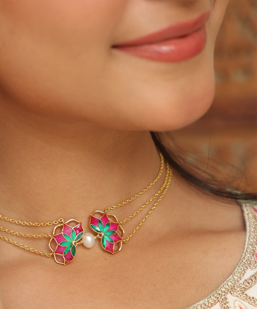 Gul Choker Necklace with Pearl- Rani Pink and Green Enamel - Adjustable Chain