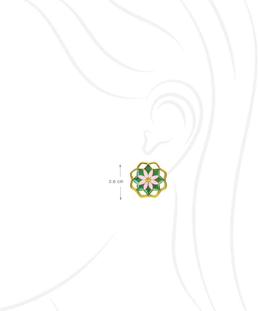 Gul Kusum Stud Earrings — Green & Pink Meenakari