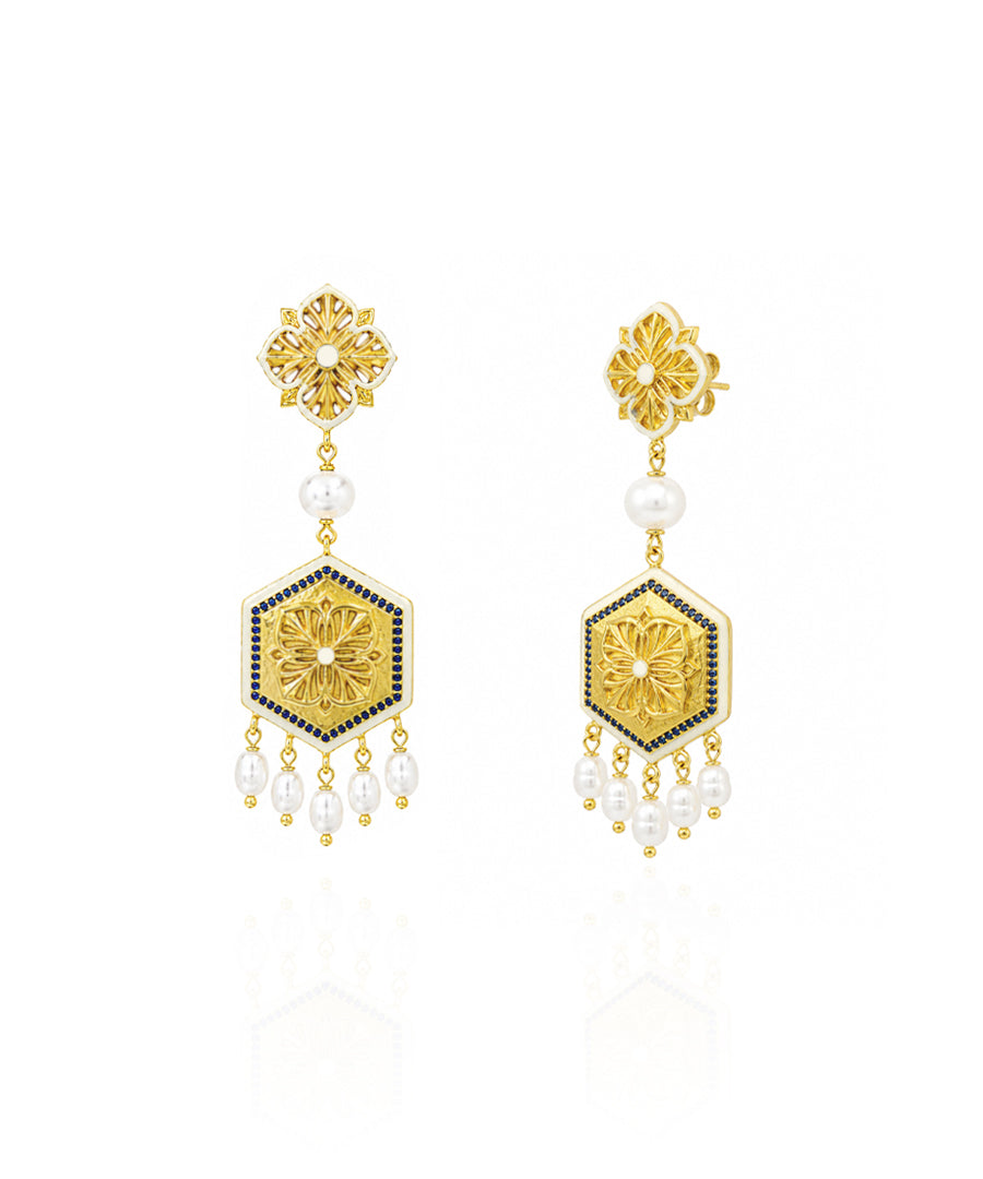 Golden Blue Zircon Magnolia Long Earrings