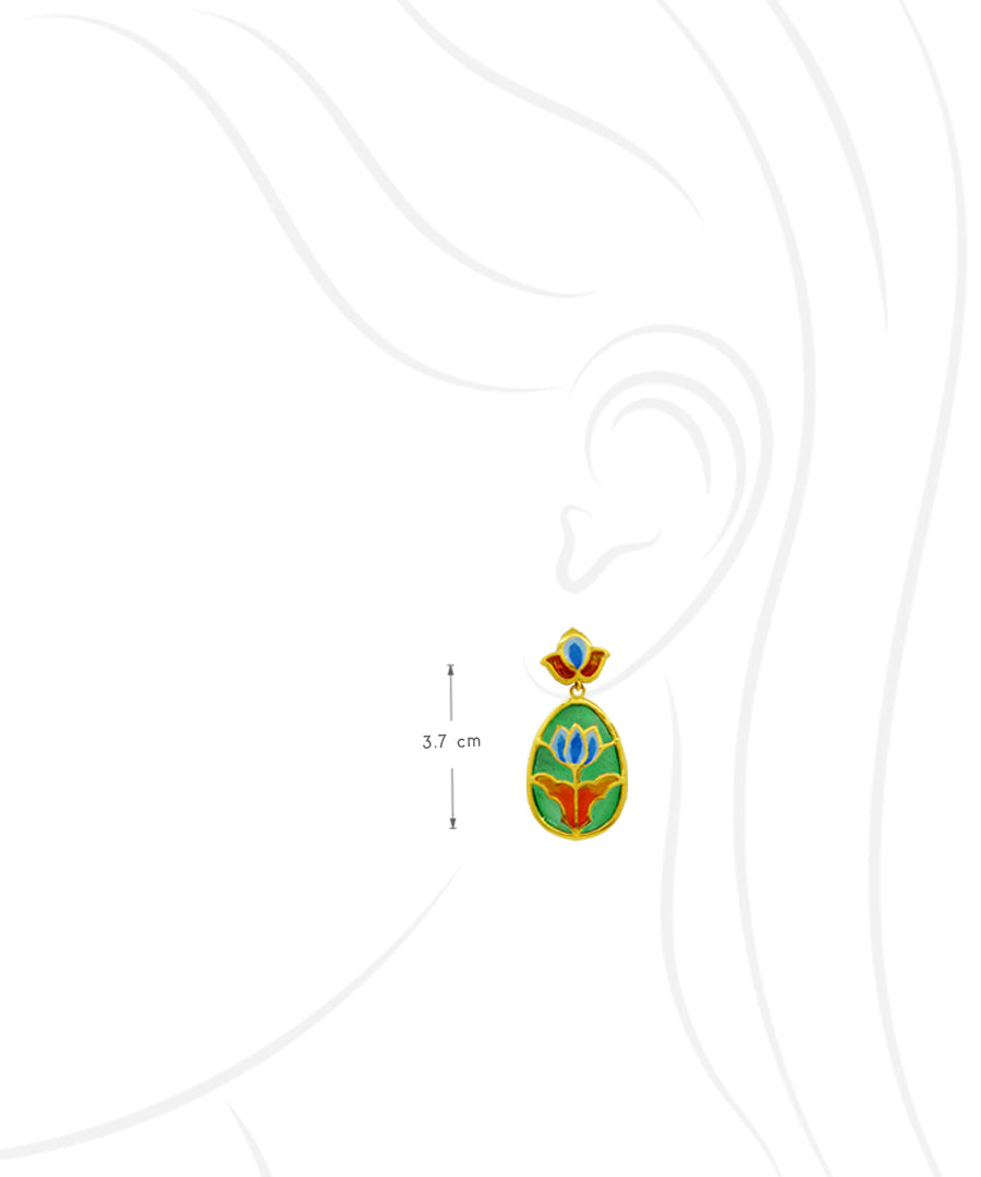 Padma Lotus Drop Earrings - Green Meenakari