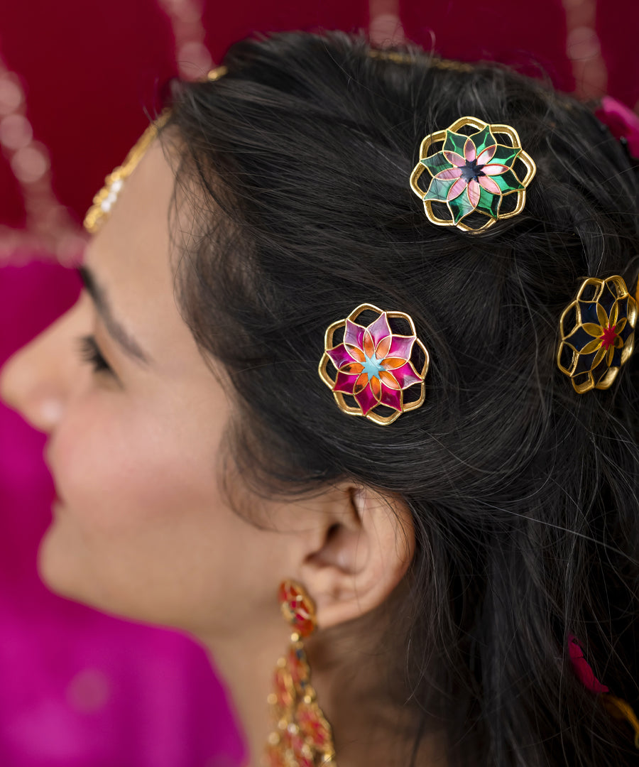 Gul Mudita Stud Earrings — Hot Pink & Orange Meenakari
