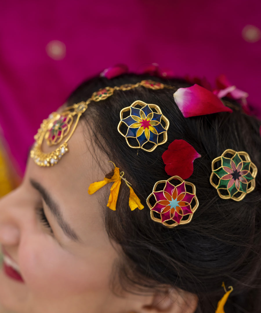 Gul Mudita Stud Earrings — Indigo & Yellow Meenakari