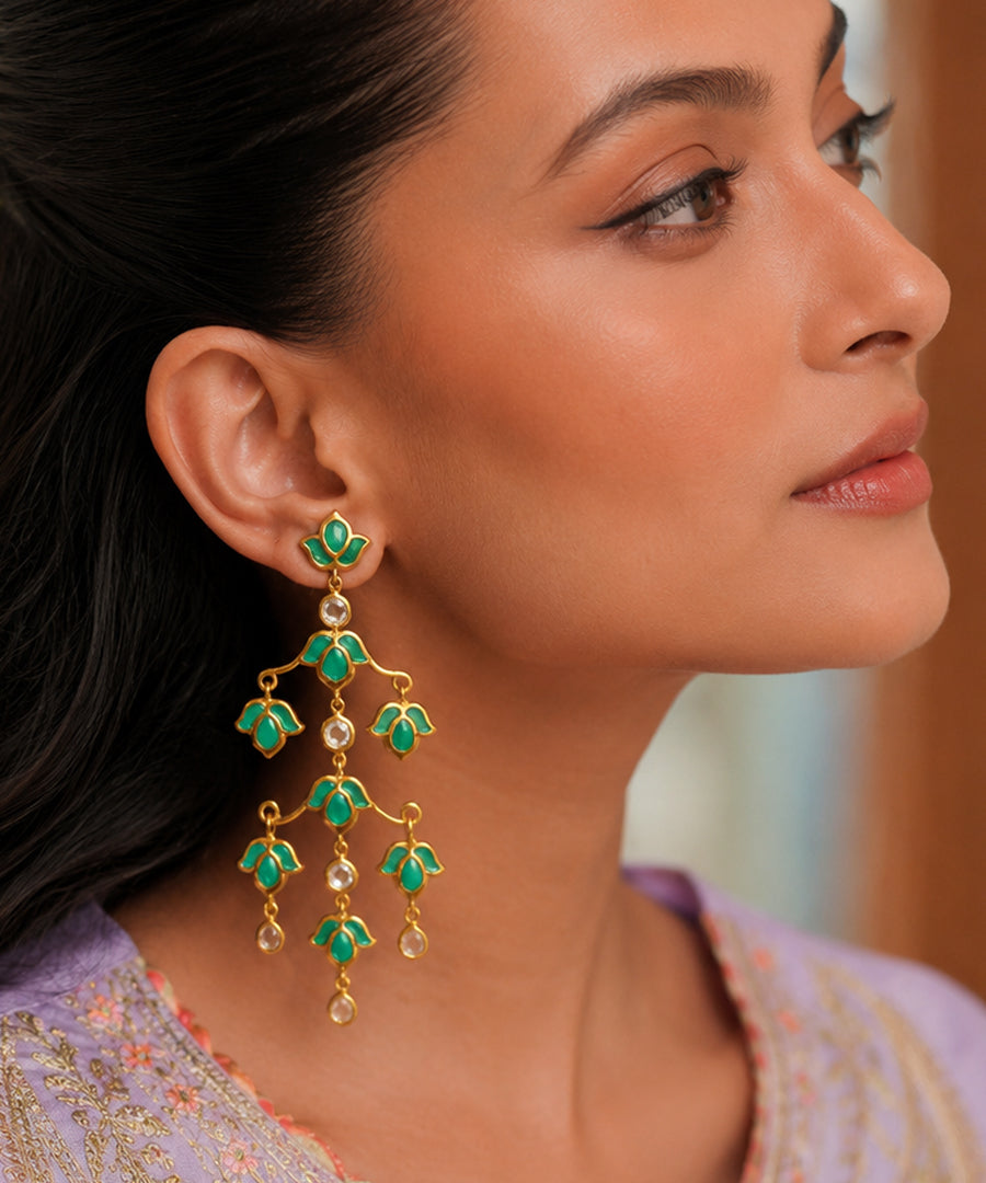 Padma Lotus Earrings - Green Meenakari - Gold Plated