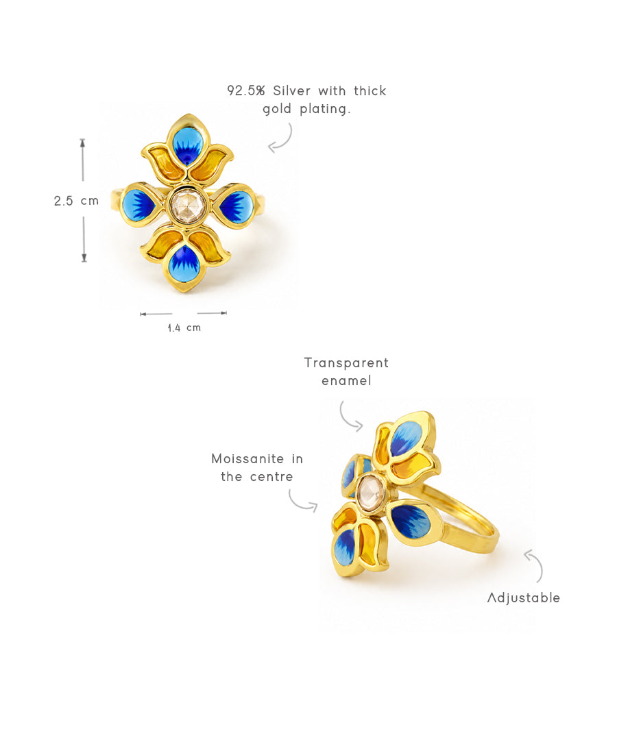 Padma Lotus Adjustable Ring - Blue Meenakari