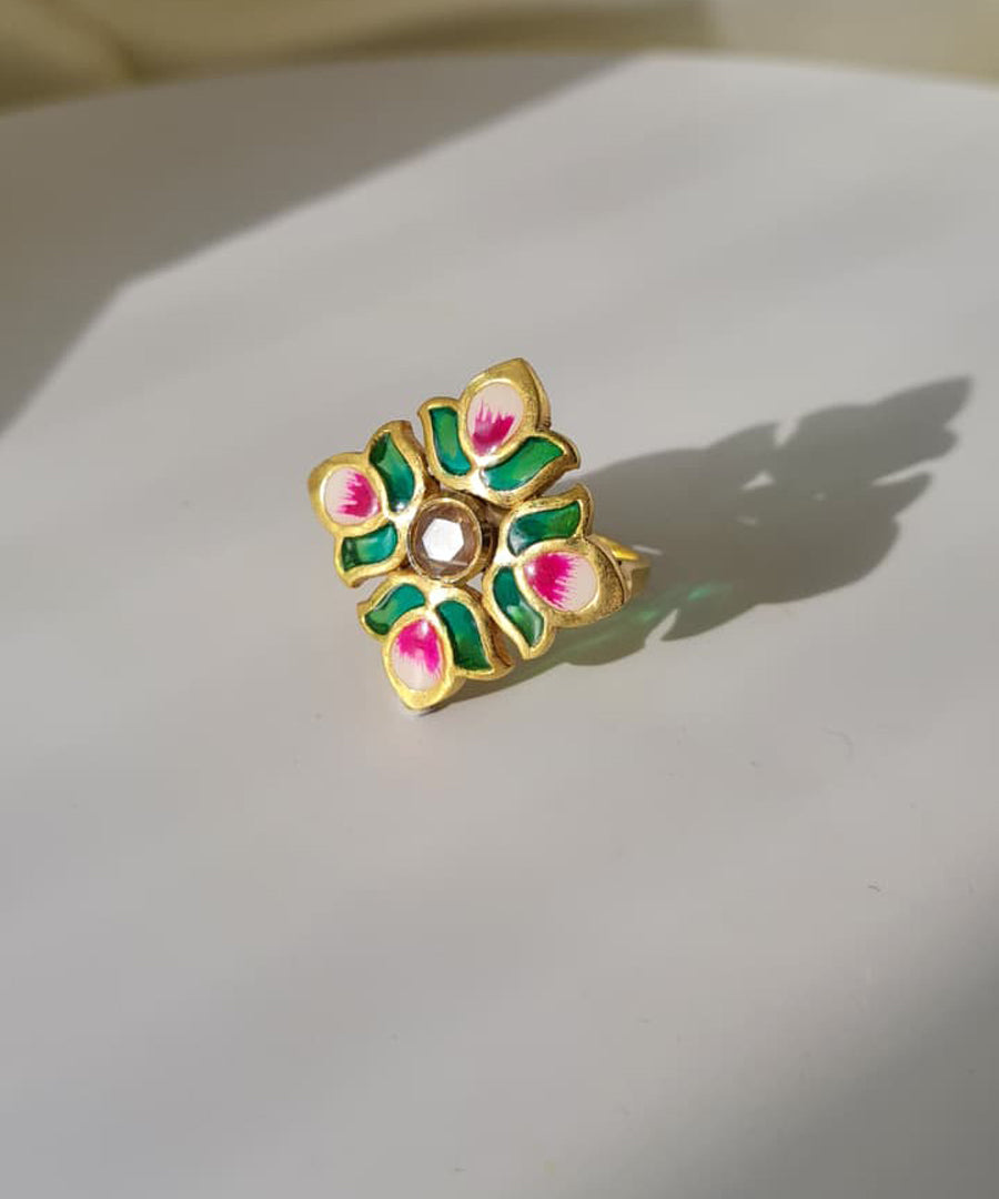 Padma Lotus Adjustable Ring - Green Meenakari