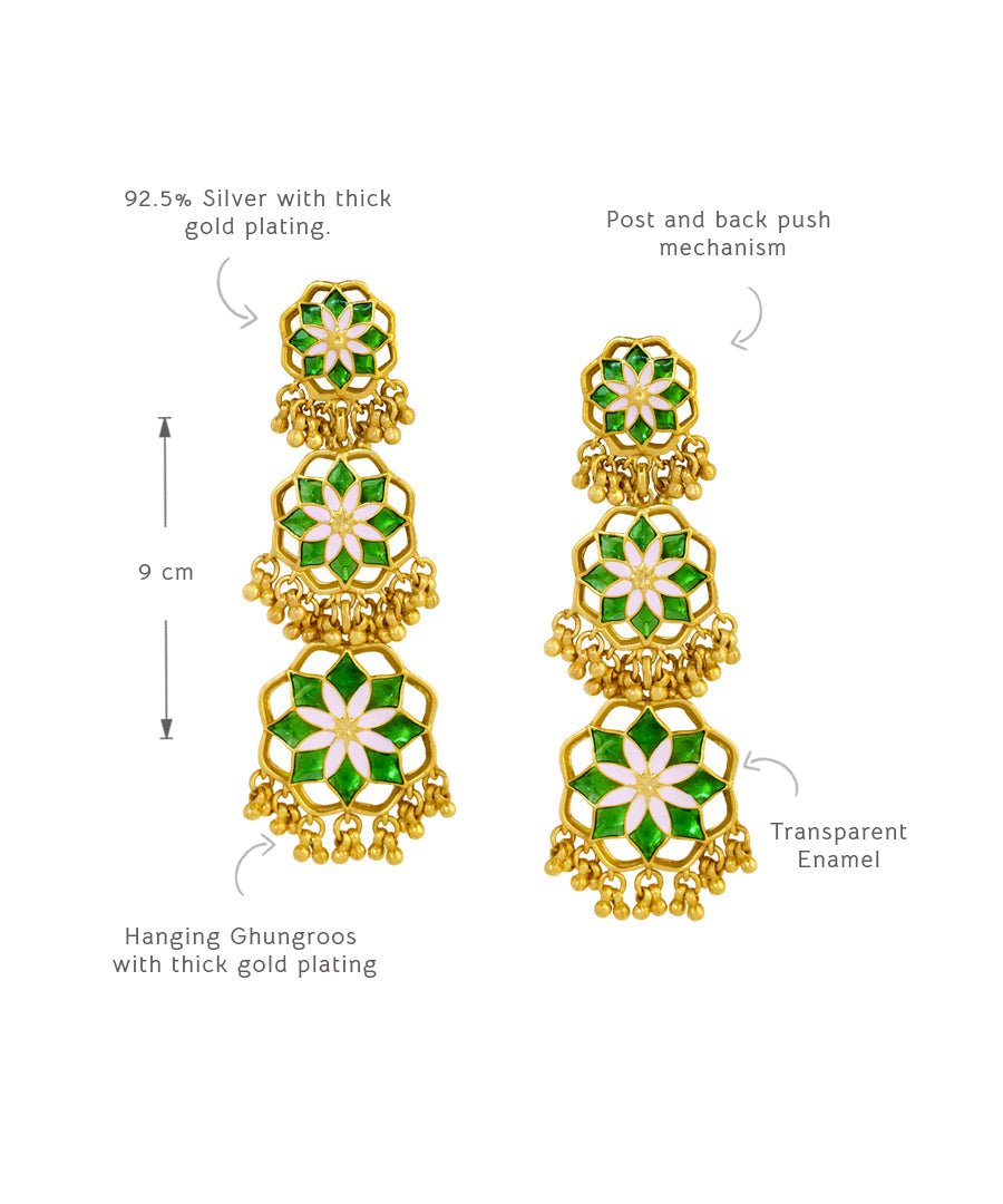 Gul Shigoofa Earrings with Gunghroo - Green Meenakari - Gold Plated