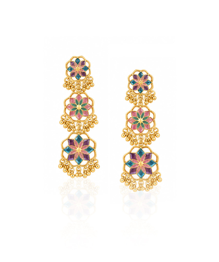 Gul Shigoofa Earrings with Gunghroo - Pastel Pink & Purple Meenakari - Gold Plated