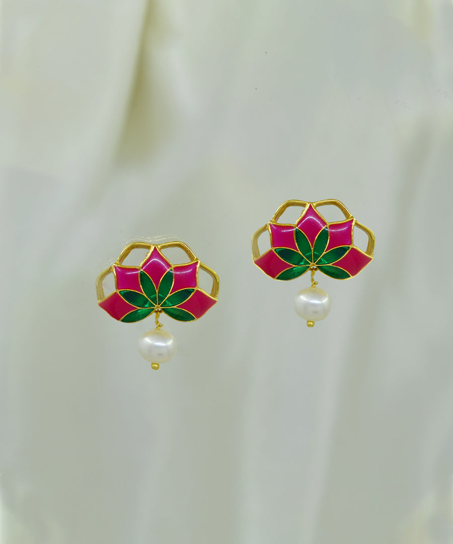 Gul Stud Earrings with Pearl - Hot Pink and Green Meenakari Enamel