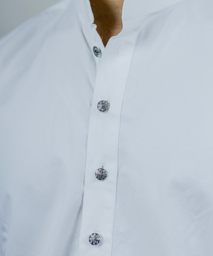 Silver thar kurta buttons by Manner India.