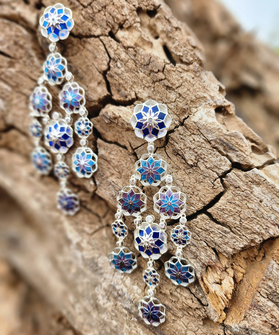 Gul 925 Silver Phool Earrings - Blue & Purple Meenakari - Anti Tarnish