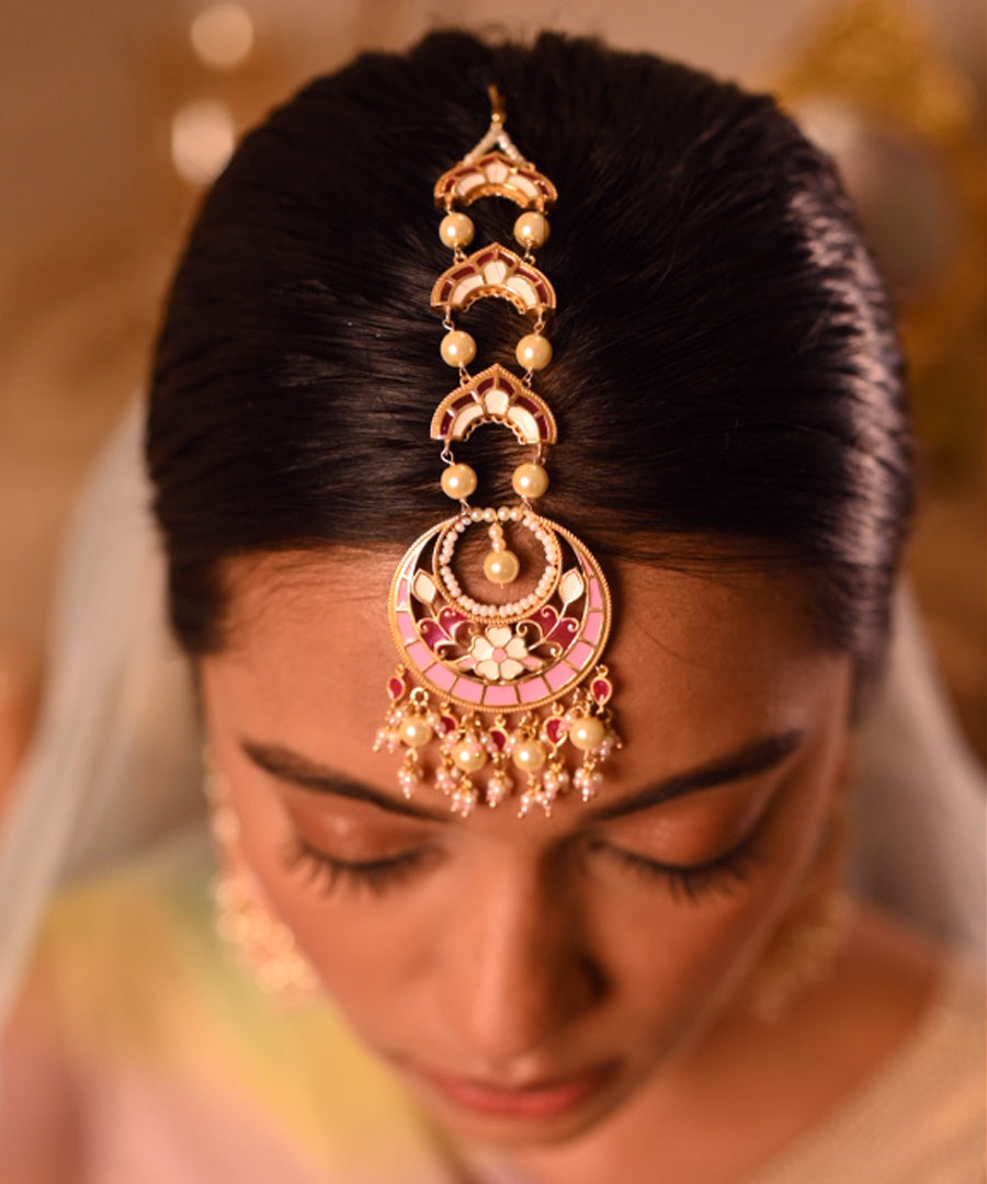 925 silver bridal mangtika accented with cultured pearls and beads, features transparent meenakari enamel perfect for weddings, festive occasions.