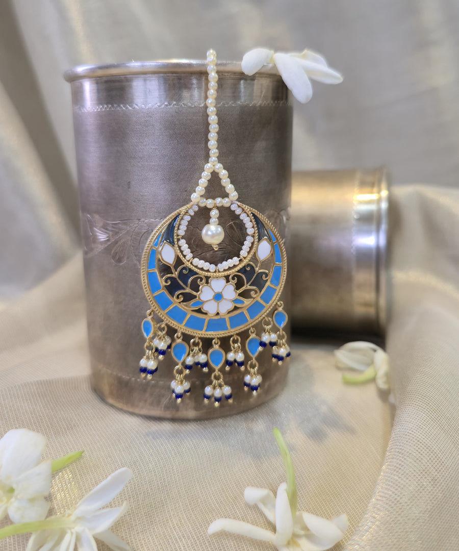 Feroza Blue Pearl Mang Tika (Forehead Ornament)