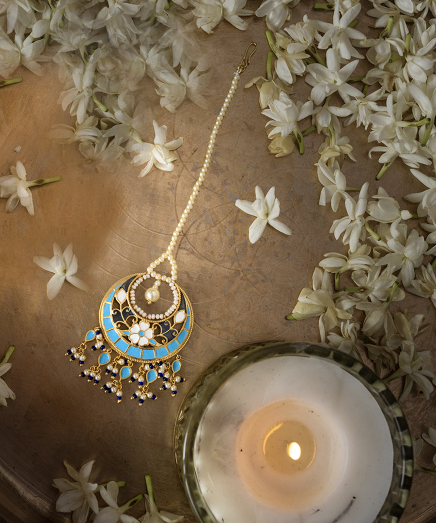 Feroza Blue Pearl Mang Tika (Forehead Ornament)