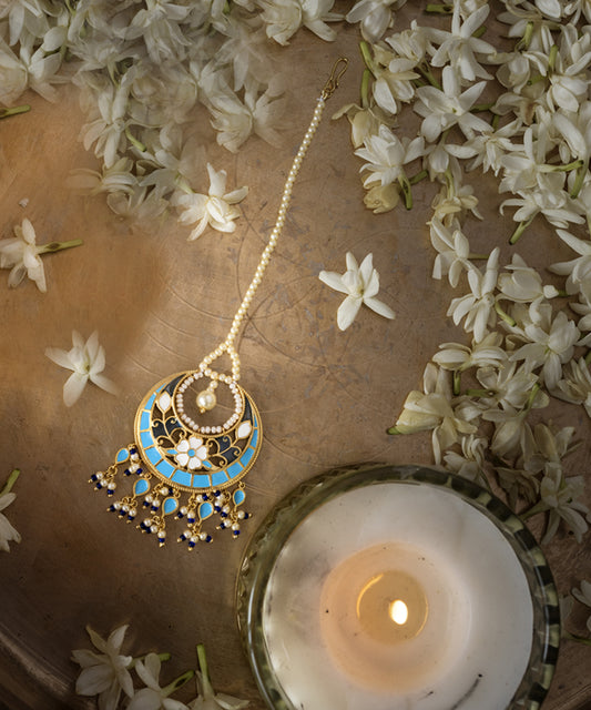 Feroza Blue Pearl Mang Tika (Forehead Ornament)