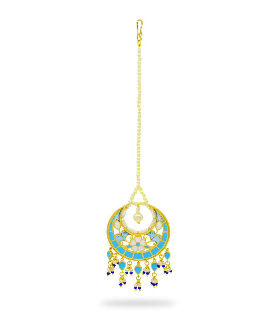 Feroza Blue Pearl Mang Tika (Forehead Ornament)
