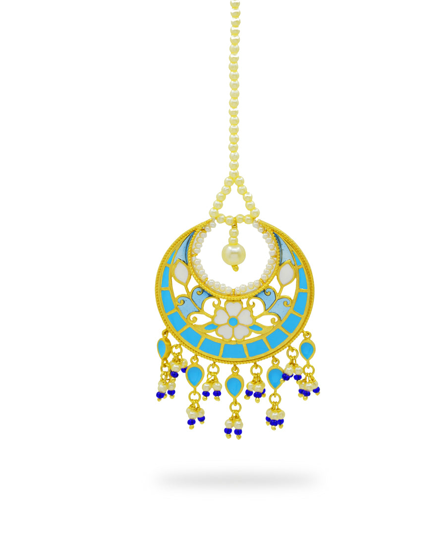 Feroza Blue Pearl Mang Tika (Forehead Ornament)