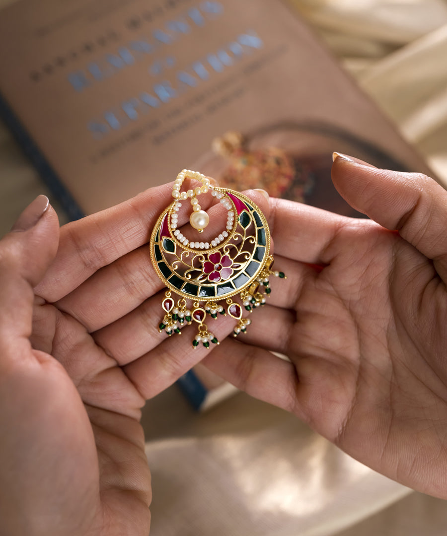 Artisanal 925 silver bridal mangtika featuring pink and green enamel, pearls and elegant dangling bead details.