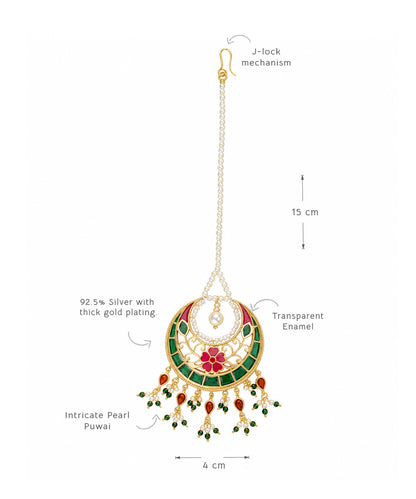 Mangtika with measurement labels and callouts including 15 cm, 4 cm, 92.5% silver with thick gold plating, transparent enamel, and intricate pearl puwai.