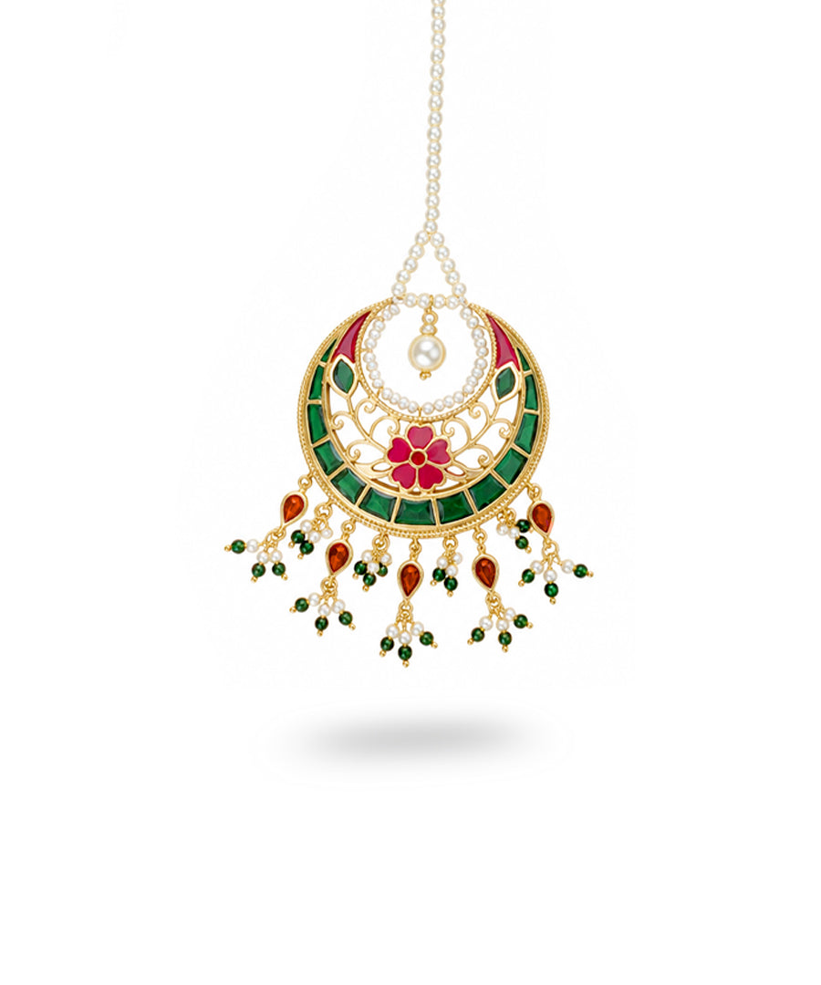 Handcrafted 925 sterling silver mangtika with pink and green meenakari, vintage design.