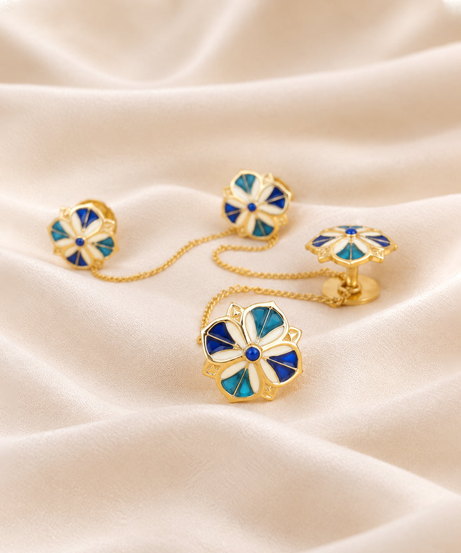 Magnolia Kurta Buttons - Blue & Ivory Meenakari
