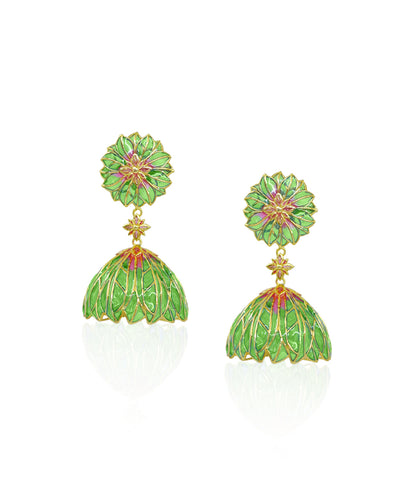 Bloom Flower Jhumka Earrings - Green Meenakari - Gold Plated