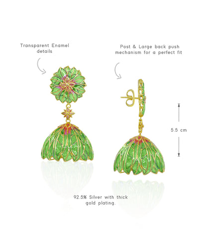 Bloom Flower Jhumka Earrings - Green Meenakari - Gold Plated