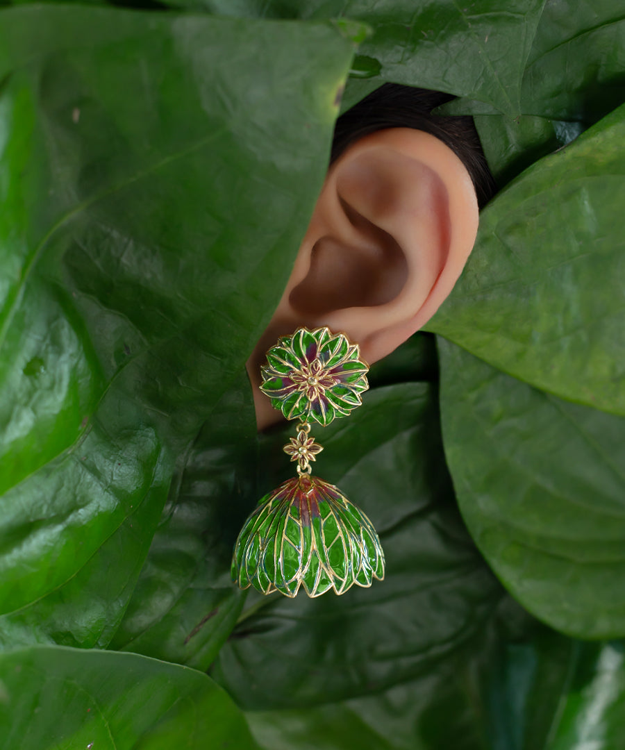 Bloom Flower Jhumka Earrings - Green Meenakari - Gold Plated