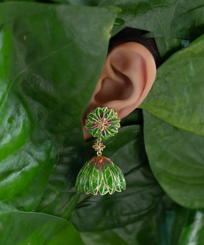 Bloom Flower Jhumka Earrings - Green Meenakari - Gold Plated