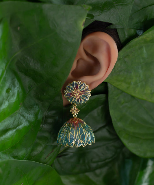 Bloom Flower Jhumka Earrings - Blue Meenakari - Gold Plated