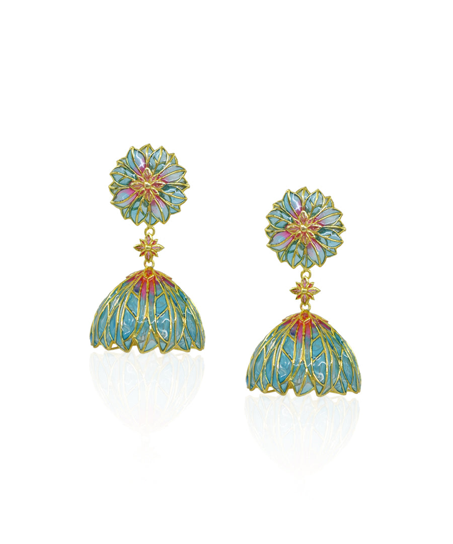 Bloom Flower Jhumka Earrings - Blue Meenakari - Gold Plated