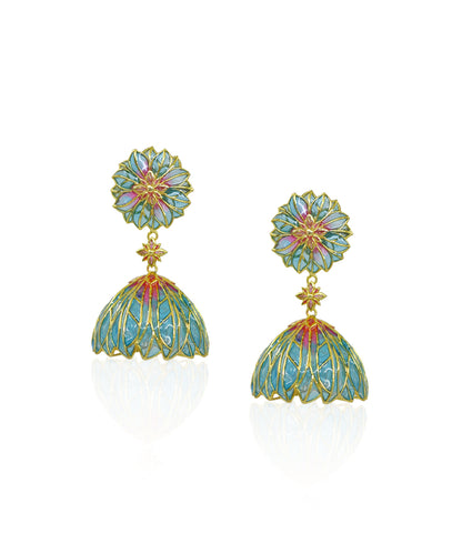 Bloom Flower Jhumka Earrings - Blue Meenakari - Gold Plated