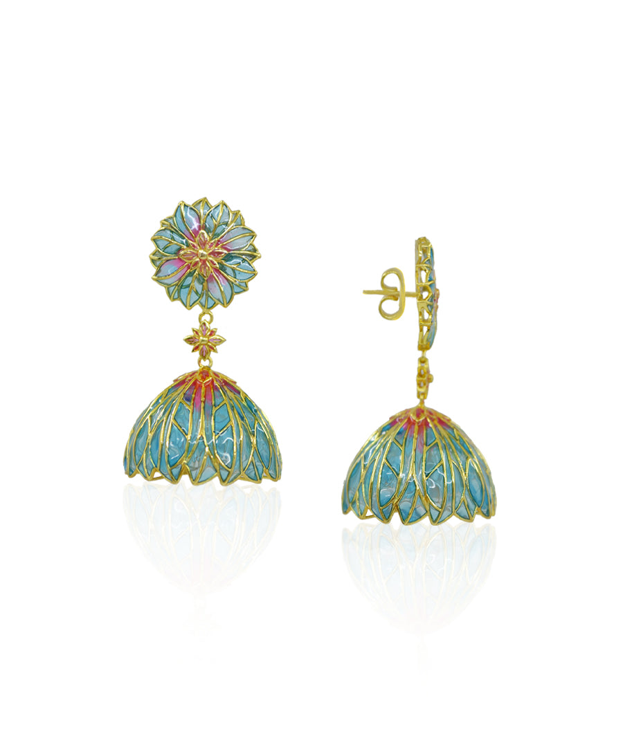 Bloom Flower Jhumka Earrings - Blue Meenakari - Gold Plated