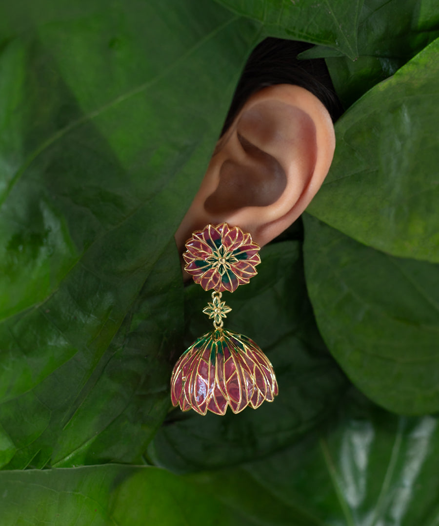 Bloom Flower Jhumka Earrings - Pink Meenakari - Gold Plated