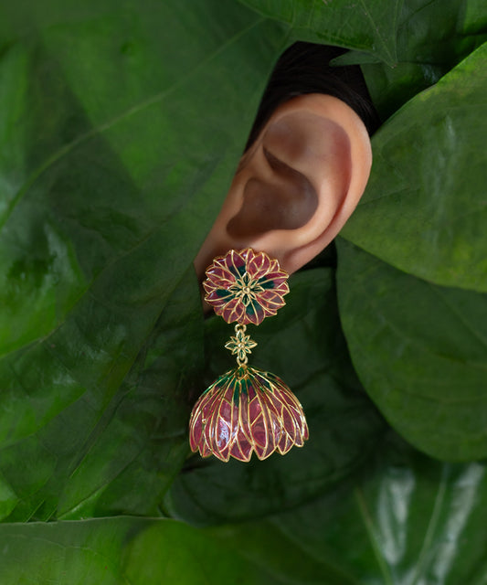Bloom Flower Jhumka Earrings - Pink Meenakari - Gold Plated