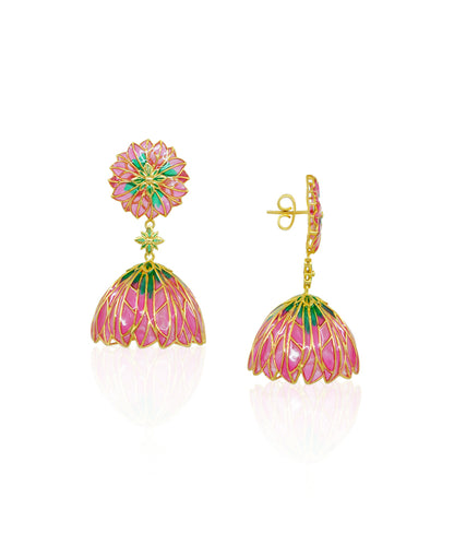 Bloom Flower Jhumka Earrings - Pink Meenakari - Gold Plated