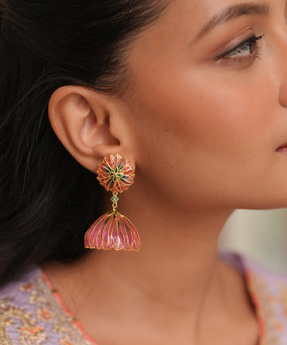 Bloom Flower Jhumka Earrings - Pink Meenakari - Gold Plated