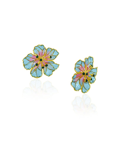 Bloom Stud Earrings - Blue Meenakari - Gold Plated
