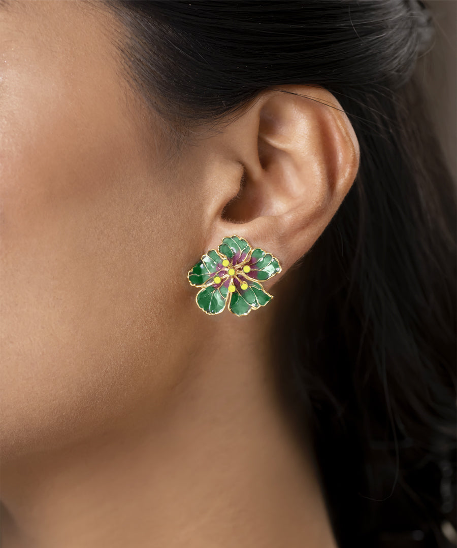 Bloom Stud Earrings - Green meenakari - Gold Plated