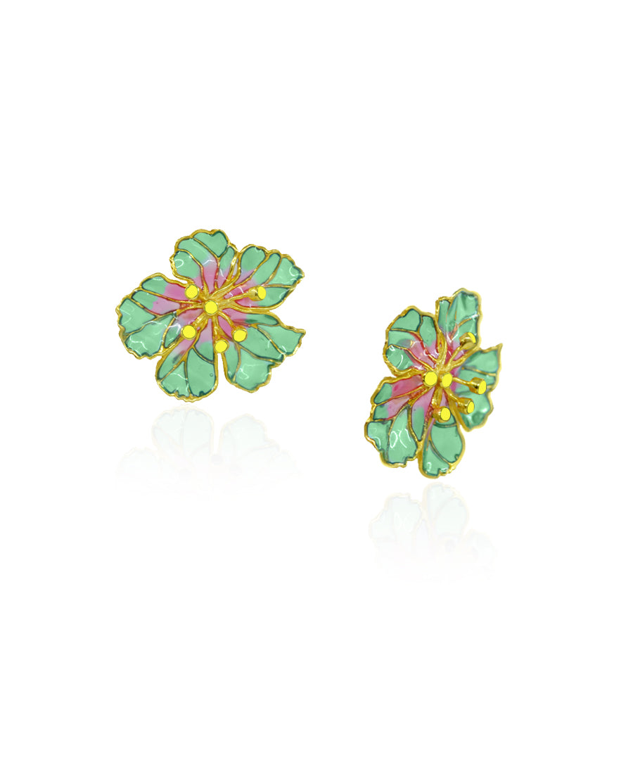 Bloom Stud Earrings - Green meenakari - Gold Plated