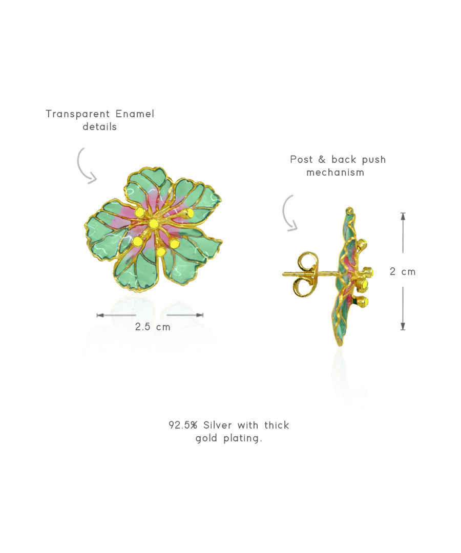 Bloom Stud Earrings - Green meenakari - Gold Plated